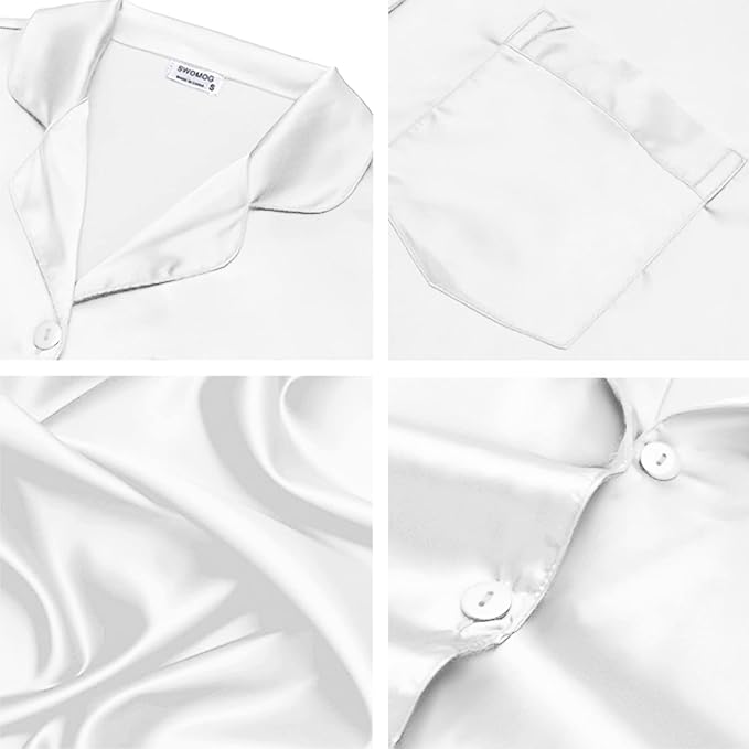 SWOMOG Long Sleeve Pajamas Set Silk Satin Sleepwear Button Down Pjs Loungewear with Pocket