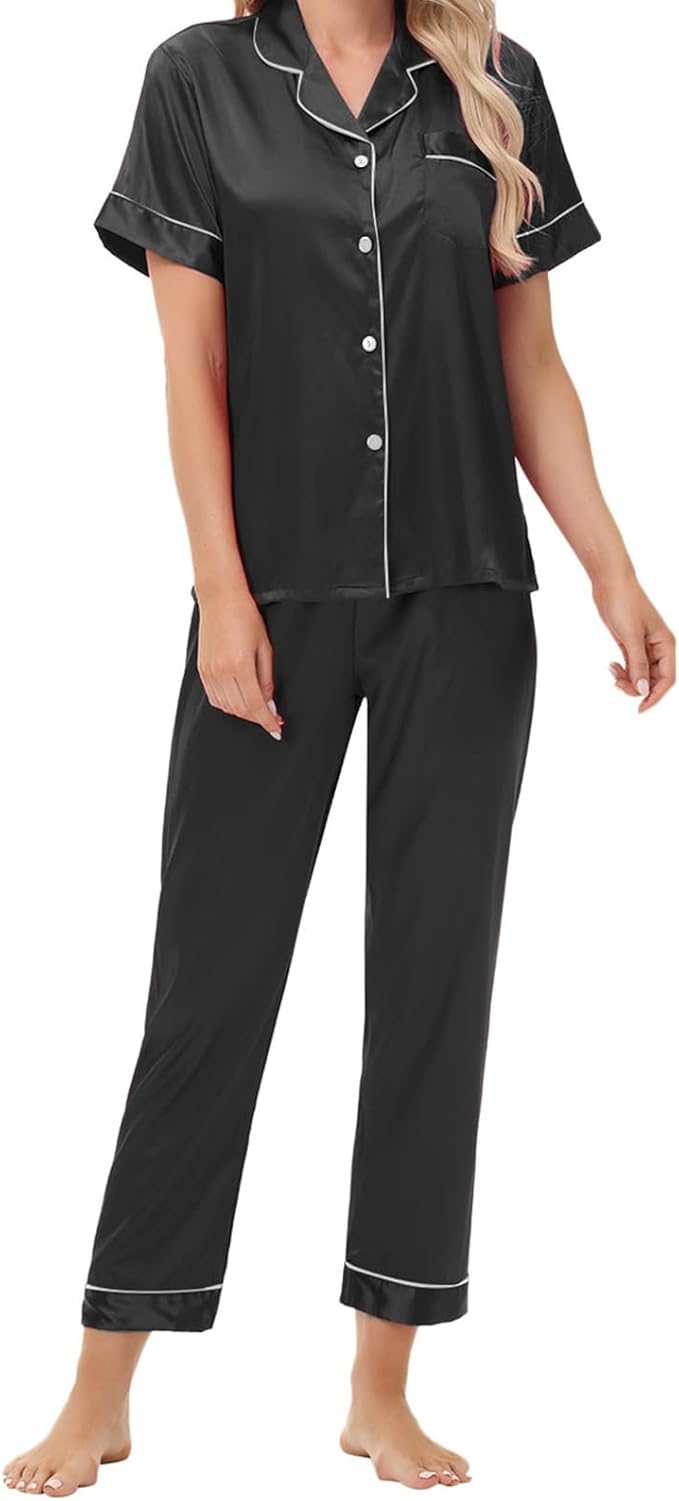 Women's Satin Pajama Set Short Sleeve Silk Top and Pants Set Classic Button Down 2-Piece Sleepwear Loungewear