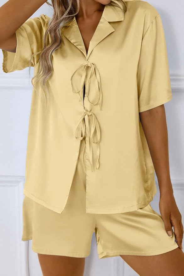 CHYRII Women's Silk Satin Pajamas Sets Tie Front Short Sleeve Tops and Shorts Two Piece Pj Sets Sleepwear
