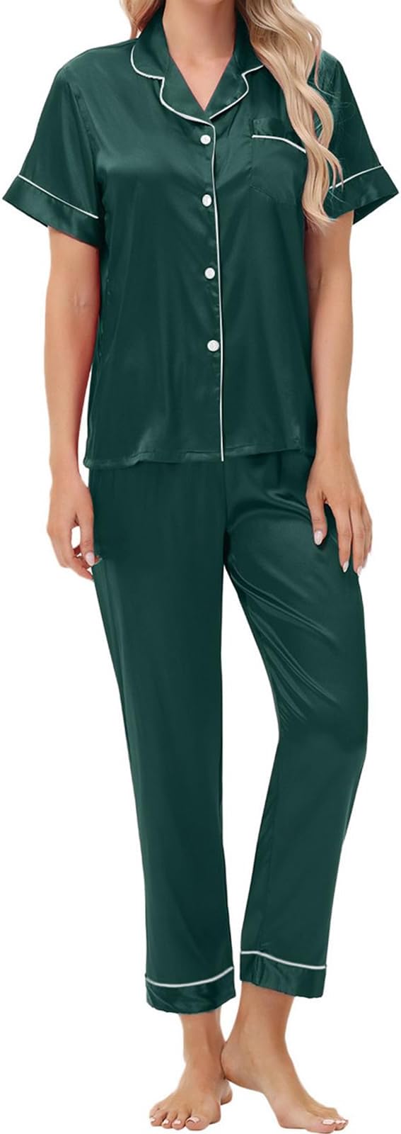 Women's Satin Pajama Set Short Sleeve Silk Top and Pants Set Classic Button Down 2-Piece Sleepwear Loungewear