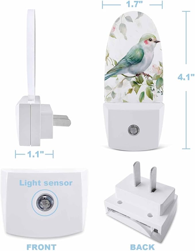Spring Bird Pink Peach Blossom Night Light Plug into Wall, Watercolor Green Leaves Popsicle Shape Night Light Nightlight with Light Sensors for Kids Bedroom Hallway