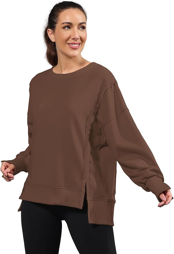 Nirovien Womens Oversized Crewneck Sweatshirt Side Slit Long Sleeve Pullover Slouchy Fit Tops