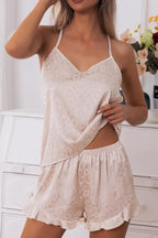CHYRII Women's Sexy Silk Satin Ruffled Pajamas Sets Cami Shorts Sets Sleepwear