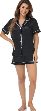 Serenedelicacy Women's Satin Pajama Set 2-Piece Sleepwear Loungewear Button Down Short Sleeve Silky PJ Set