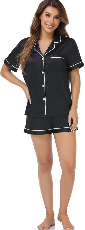 Serenedelicacy Women's Satin Pajama Set 2-Piece Sleepwear Loungewear Button Down Short Sleeve Silky PJ Set