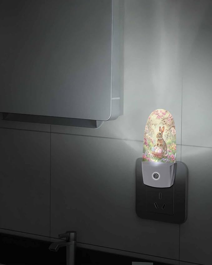 Easter Spring Peach Blossom Rabbit Night Light Plug into Wall, Colorful Eggs Farm Floral Popsicle Shape Night Light Nightlight with Light Sensors for Kids Bedroom Hallway