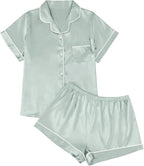 LILLUSORY Silk Satin Pajama Set for Women 2 Piece Lounge Pjs Winter Matching Summer Sleepwear Button Down Shirt Shorts