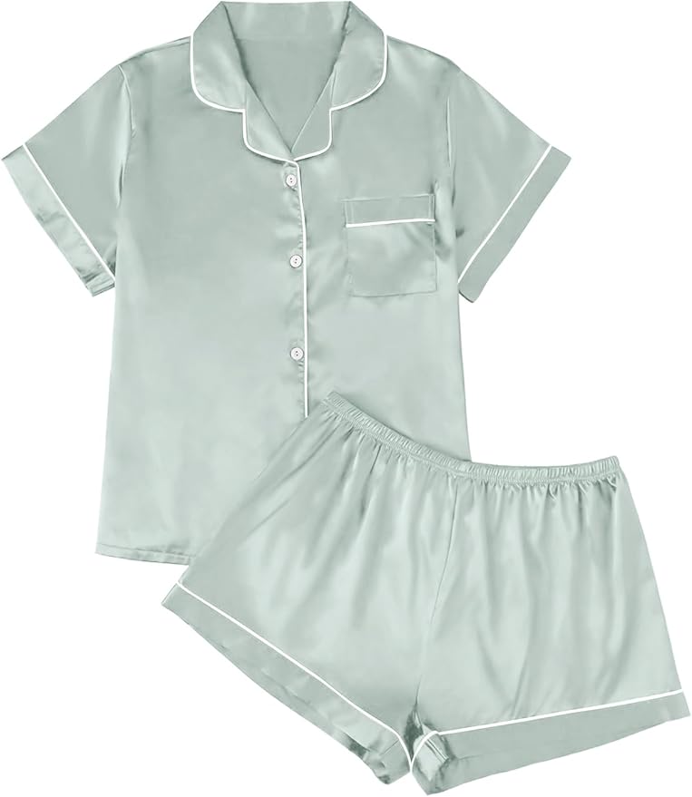 LILLUSORY Silk Satin Pajama Set for Women 2 Piece Lounge Pjs Winter Matching Summer Sleepwear Button Down Shirt Shorts