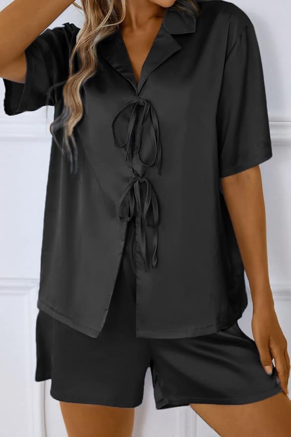 CHYRII Women's Silk Satin Pajamas Sets Tie Front Short Sleeve Tops and Shorts Two Piece Pj Sets Sleepwear