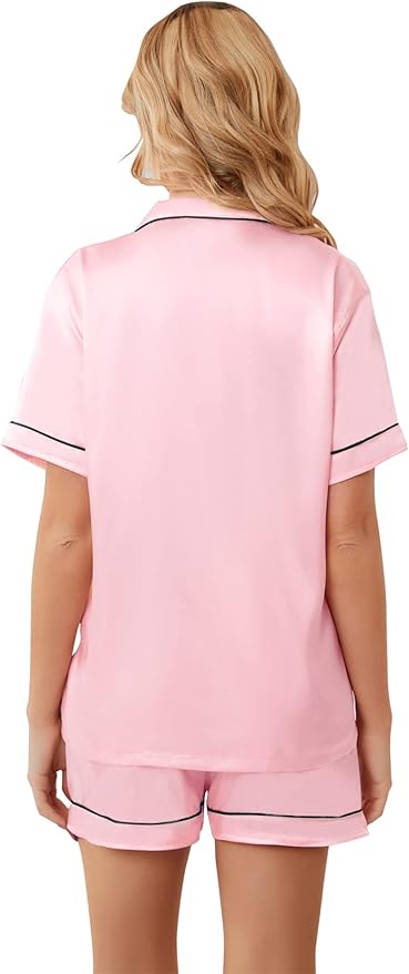 Umeyda Women & Girls Pajamas Set, Soft Satin Lightweight Silk Button-Down Top with Shorts 2 Piece PJS for Mom Boys Kids Gifts