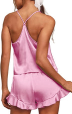 CHYRII Women's Sexy Silk Satin Ruffled Pajamas Sets Cami Shorts Sets Sleepwear