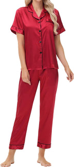 Women's Satin Pajama Set Short Sleeve Silk Top and Pants Set Classic Button Down 2-Piece Sleepwear Loungewear