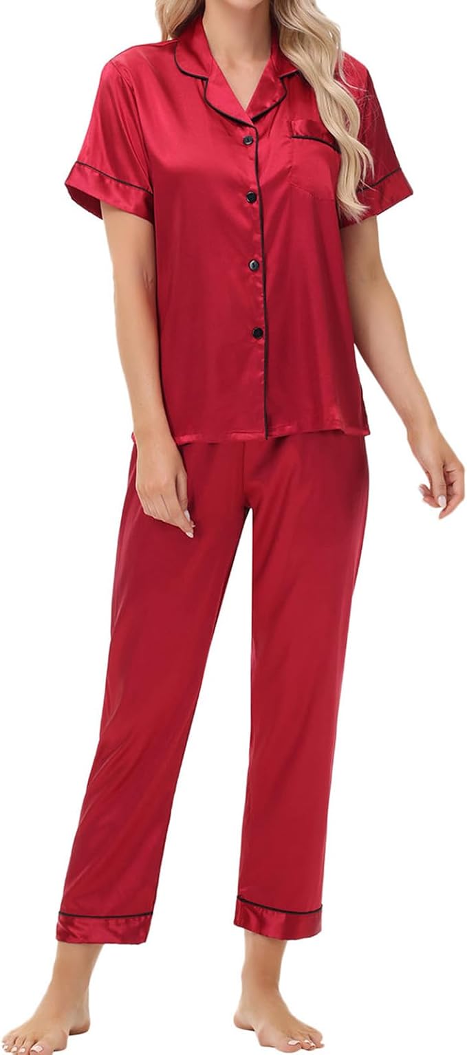 Women's Satin Pajama Set Short Sleeve Silk Top and Pants Set Classic Button Down 2-Piece Sleepwear Loungewear