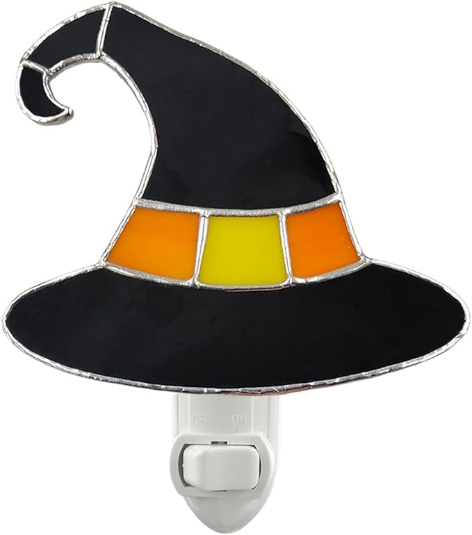 CHEZBABY Stained Glass Night Light Plug into Wall Lamp Decorative Accent Nightlight for Hallway Bedroom Bathroom Kitchen Home Halloween Décor(Witch Hat Yellow)