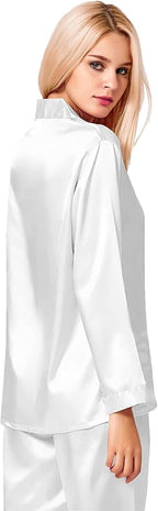 SWOMOG Long Sleeve Pajamas Set Silk Satin Sleepwear Button Down Pjs Loungewear with Pocket