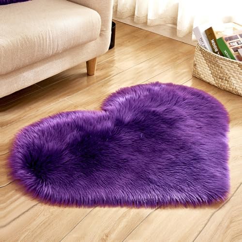 Faux Fur Sheepskin Heart Shaped Area Rugs, 16"x20" Luxurious Wool Love Floor Carpets Bathroom Non-Slip Mat for Home Decor Nursery Living Room Bedroom Pet Kids and Baby Room (Purple)