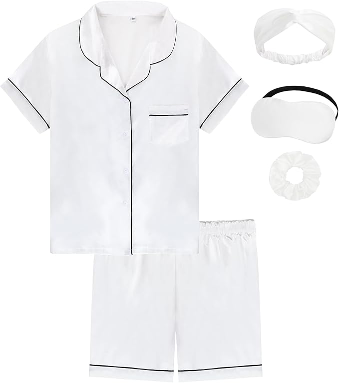 EPLAZA Kids Satin Pajamas Sets Girls Boys Button-Down Silky Pajamas Sleepwear with Hairband Eye Mask Hair Tie