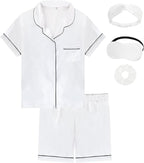 EPLAZA Kids Satin Pajamas Sets Girls Boys Button-Down Silky Pajamas Sleepwear with Hairband Eye Mask Hair Tie
