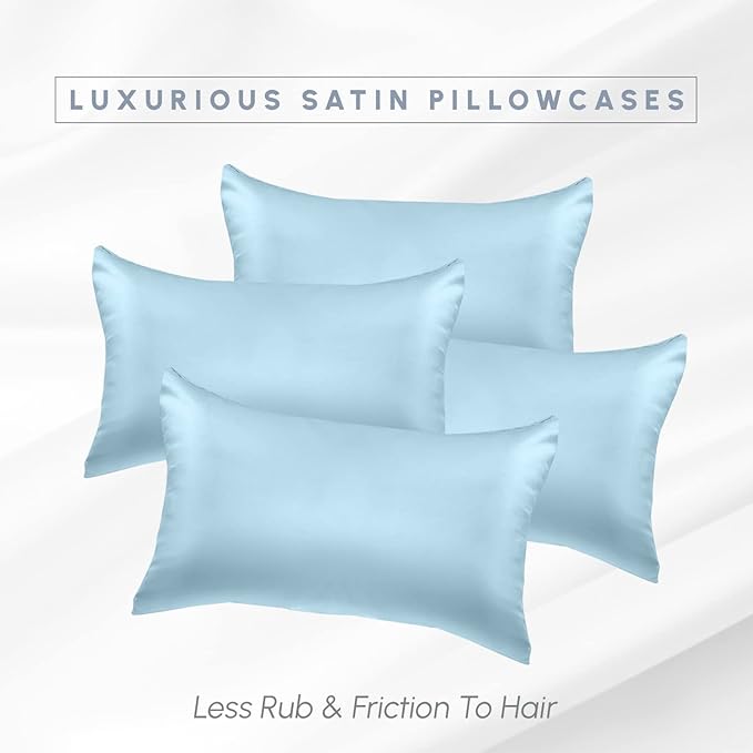 Elegant Comfort 4-Pack Cooling Viscose Satin Pillowcase Set with Hidden Zipper Closure, Silky Smooth for Hair and Skin Care-Beautiful Gift Box-4-Piece Satin Pillowcase Set, Standard/Queen, Baby Blue