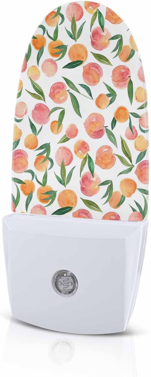 Watercolor Peaches Green Leaves Night Light Plug into Wall, Spring Botanical Plant Popsicle Shape Night Light Nightlight with Light Sensors for Kids Bedroom Hallway