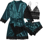 Womens Silk Pajamas Robes Set 4PACKS Sexy Pjs Cami Shorts Satin Sleepwear Lace Loungewear