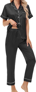 Women's Satin Pajama Set Short Sleeve Silk Top and Pants Set Classic Button Down 2-Piece Sleepwear Loungewear
