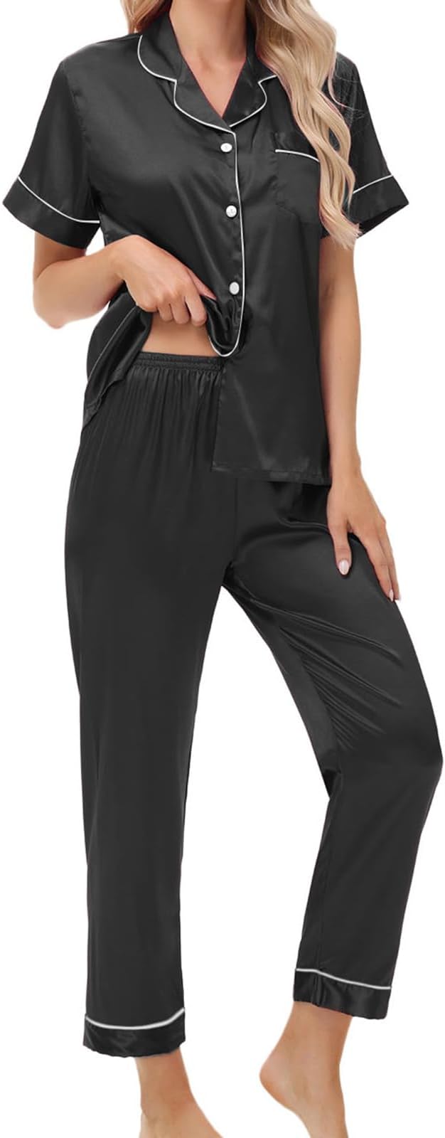 Women's Satin Pajama Set Short Sleeve Silk Top and Pants Set Classic Button Down 2-Piece Sleepwear Loungewear
