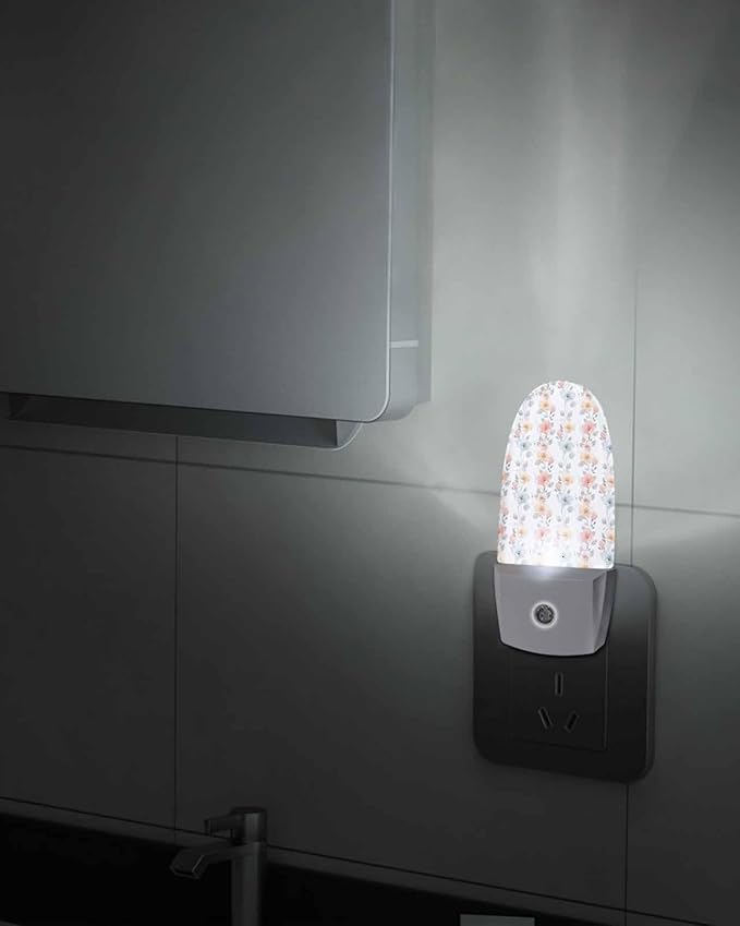 Night Light Plug into Wall, Spring Summer Floral Flowers Leaves Peach Yellow Light Blue Grey White Popsicle Shape Night Light LED Nightlight with Light Sensors for Kids Bedroom Hallway