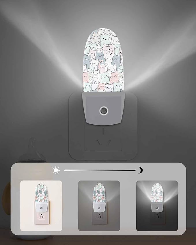 Night Light Plug into Wall, Cats Animals Lines Cute Peach Gray White Pale Turquoise Popsicle Shape Night Light LED Nightlight with Light Sensors for Kids Bedroom Hallway