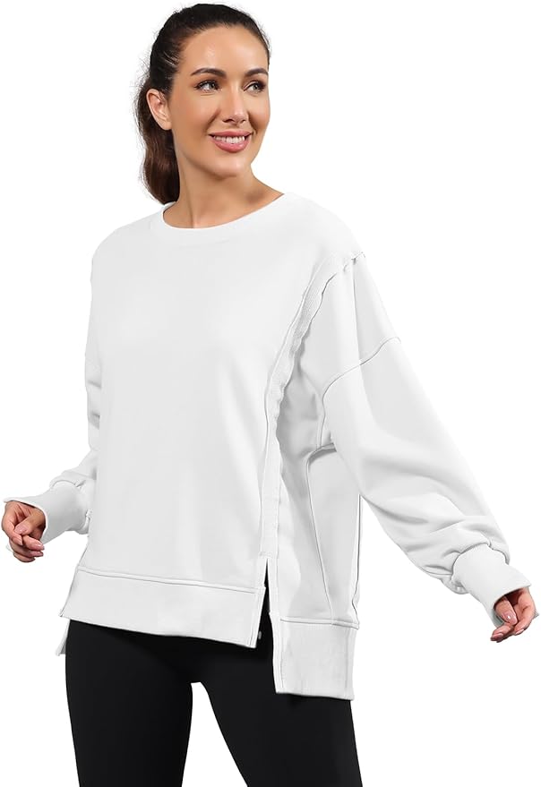 Nirovien Womens Oversized Crewneck Sweatshirt Side Slit Long Sleeve Pullover Slouchy Fit Tops