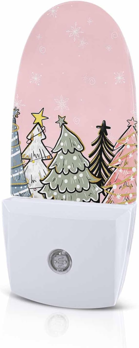 Night Light Plug into Wall, Winter Christmas Pine Trees Snowflakes Abstract Sage Green Black Blue White Peach Popsicle Shape Night Light LED Nightlight with Light Sensors for Kids Bedroom Hallway