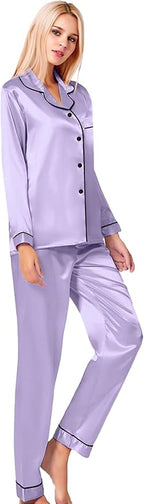 SWOMOG Womens Silk Satin Pajamas Set Long Sleeve Button Down Sleepwear 2 Piece Lounge Set Pj Set XS-3XL