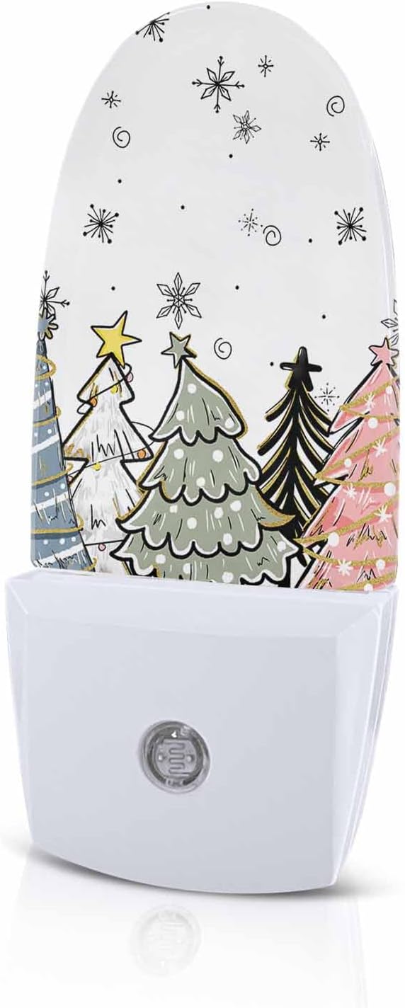 Night Light Plug into Wall, Christmas Day Winter Pine Trees Snowflakes Blue Sage Green Black Peach White Popsicle Shape Night Light LED Nightlight with Light Sensors for Kids Bedroom Hallway