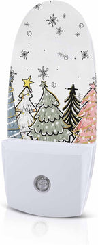 Night Light Plug into Wall, Christmas Day Winter Pine Trees Snowflakes Blue Sage Green Black Peach White Popsicle Shape Night Light LED Nightlight with Light Sensors for Kids Bedroom Hallway