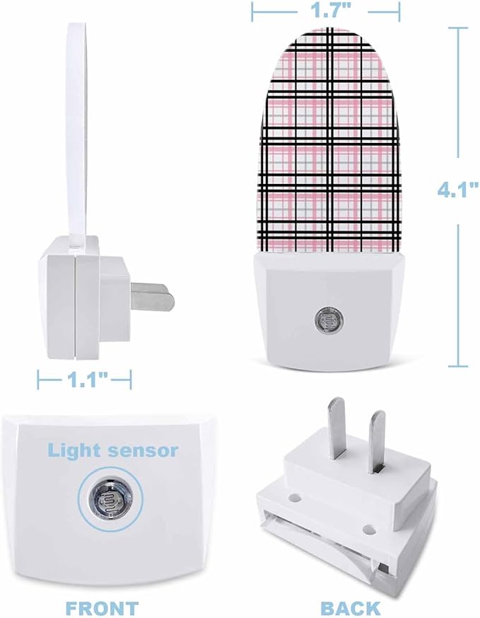 Night Light Plug into Wall, Lines Stripes Simple Art Buffalo Check Texture Peach Black White Popsicle Shape Night Light LED Nightlight with Light Sensors for Kids Bedroom Hallway
