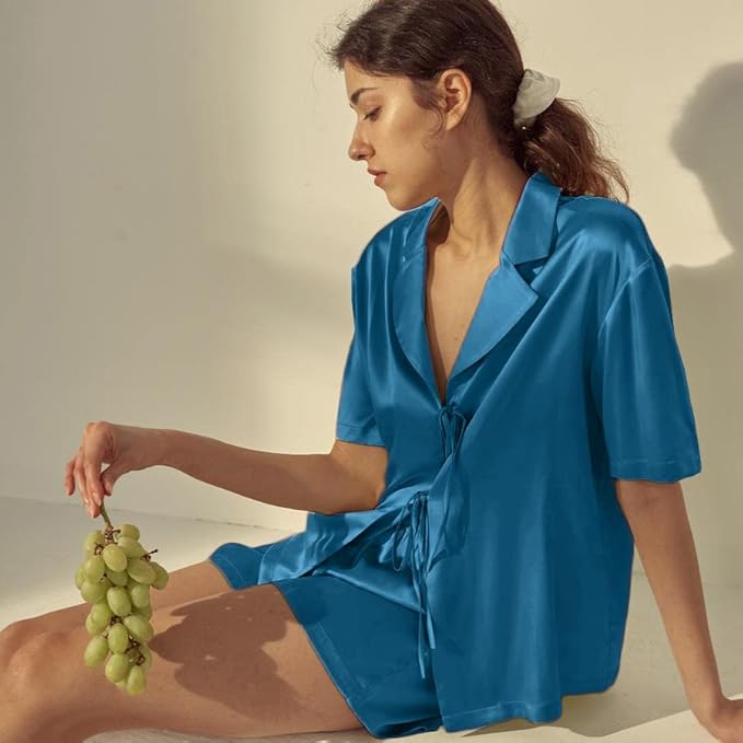 CHYRII Women's Silk Satin Pajamas Sets Tie Front Short Sleeve Tops and Shorts Two Piece Pj Sets Sleepwear
