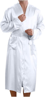 Men's Satin Robe Silky Bathrobe Soft Comfy Casual Bathrobe Fashion Comfy Solid Color Long Loungewear with Pocket