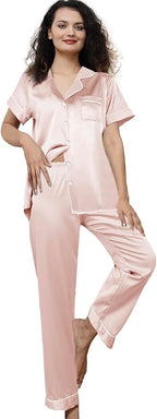 WJing Yi Jia Womens Pajamas Set XS-4XL Floral Silk Satin Pajama Sets Silky Pj Sets 2Pcs Loungewear Sleepwear Button Down Pjs