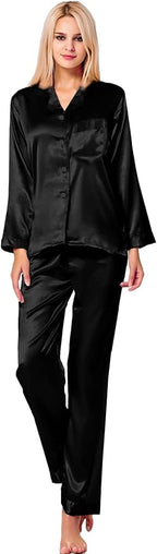 SWOMOG Long Sleeve Pajamas Set Silk Satin Sleepwear Button Down Pjs Loungewear with Pocket