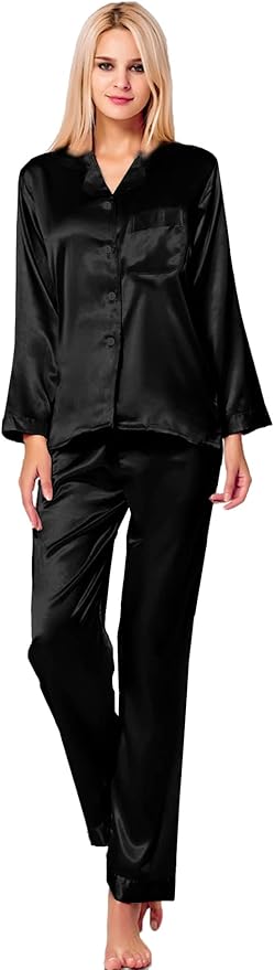SWOMOG Long Sleeve Pajamas Set Silk Satin Sleepwear Button Down Pjs Loungewear with Pocket