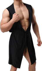 Lu's Chic Men's Silk Kimono Robe Hooded Bathrobe Sleeveless Lightweight Sleepwear Pajamas