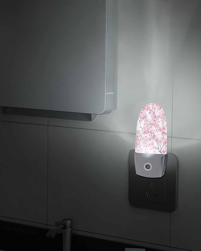 Spring Pink Blossom Peach Night Light Plug into Wall, Watercolor Flower Tree Branch Popsicle Shape Night Light Nightlight with Light Sensors for Kids Bedroom Hallway