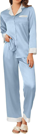 Ekouaer Silk Pajamas for Women Long Sleeve Satin Pajama Set Silky Pj Sets 2 Piece Button Down Loungewear Sleepwear