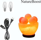NB Himalayan Pink Salt Lamp Bowl with Salt Balls – Hand-Carved Crystal Rock Salt Lamp with Dimmer Switch & 2 Bulbs – Authentic from Pakistan – Soothing Amber Glow for Home & Office Décor