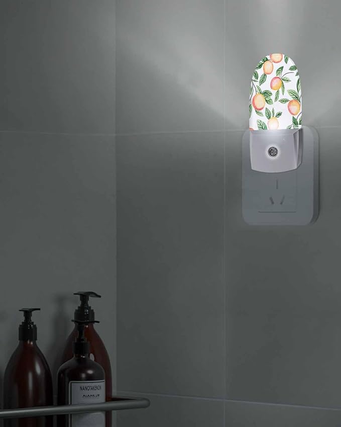 Spring Summer Country Peach on White Night Light Plug into Wall, Farmhouse Green Leaves Popsicle Shape Night Light Nightlight with Light Sensors for Kids Bedroom Hallway