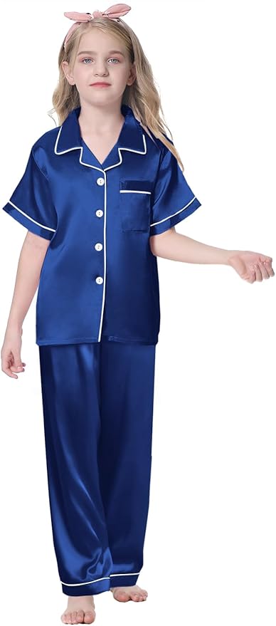 Umeyda Girls Womens Pajamas Set, Satin Silky Button Down Loungewear 2 Piece Short Sleeve Pants PJS Sets for Mommy Kids