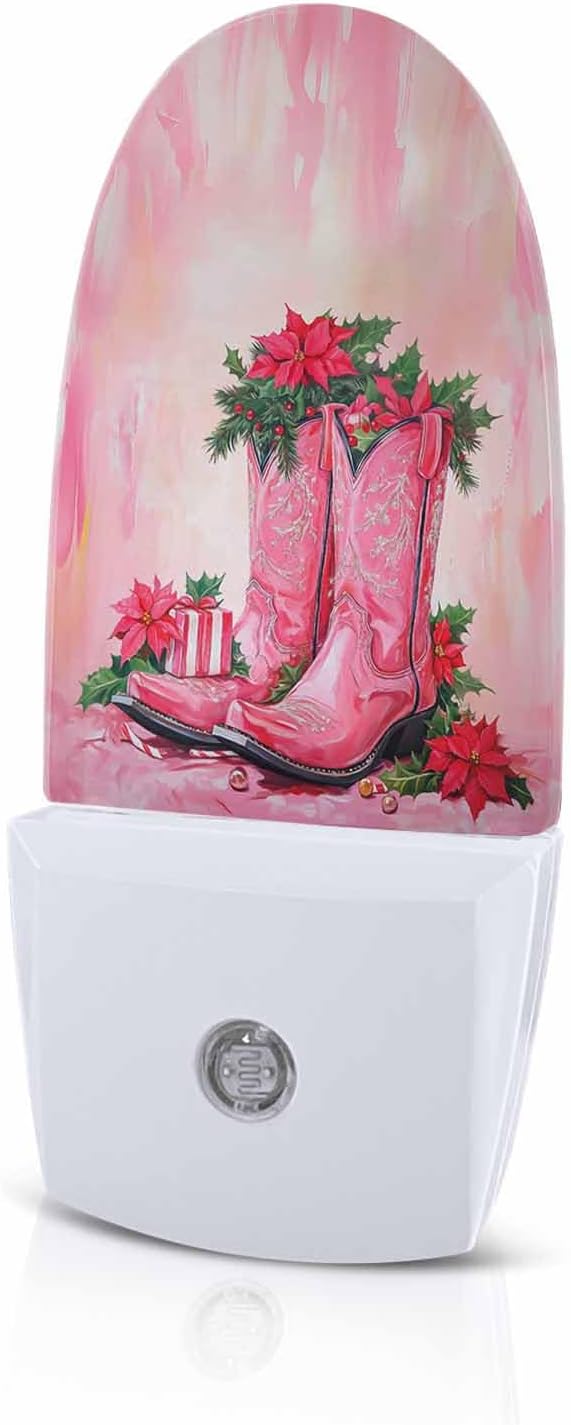 Night Light Plug into Wall, Xmas Western Peach Cowboy Boots Poinsettia Flower Leaf Berry Watercolor Vintage Popsicle Shape Night Light LED Nightlight with Light Sensors for Kids Bedroom Hallway
