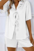 CHYRII Women's Silk Satin Pajamas Sets Tie Front Short Sleeve Tops and Shorts Two Piece Pj Sets Sleepwear