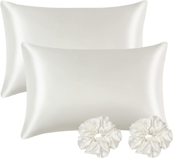Satin Pillowcase for Hair and Skin, Ivory Silk Pillowcase Queen Size Set of 2 Pack Cooling Satin Pillow Cases with Envelope Closure, Vegan Silk Satin Pillowcase Set with 2 Scrunchies
