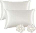 Satin Pillowcase for Hair and Skin, Ivory Silk Pillowcase Queen Size Set of 2 Pack Cooling Satin Pillow Cases with Envelope Closure, Vegan Silk Satin Pillowcase Set with 2 Scrunchies